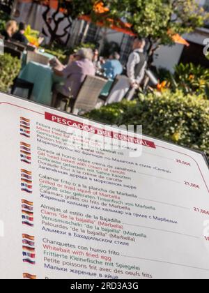 MENU EN PLEIN AIR espagnol menu de poissons multilingue en plein air avec dîner repas et menus traduits en anglais allemand français et russe Marbella Espagne Banque D'Images