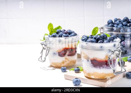 Dessert superposé aux myrtilles, gâteau au fromage en verre avec biscuit à la vanille, yaourt crémeux, garniture à la confiture et myrtille fraîche Banque D'Images