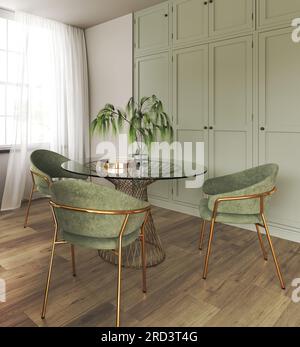 Salle à manger décorée dans un style minimaliste. Cuisine design intérieur. Table à manger avec chaise en tissu vert. Rideaux blancs sur les fenêtres. Réaliste 3D Banque D'Images