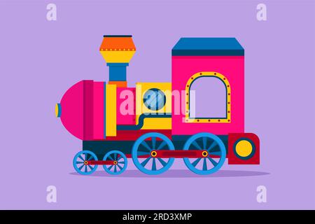 Dessin à plat de personnage d'une locomotive de train jouet colorée sous la forme d'un système de vapeur itinérante dans un parc d'attractions pour transporter des passagers. Enfant heureux Banque D'Images