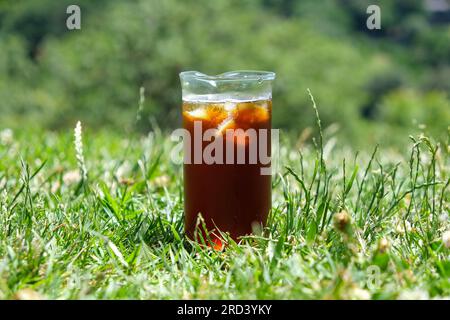Gros plan, préparez du café glacé sur l'herbe. Boire du café glacé à emporter à l'extérieur. Glaçons à l'intérieur du café froid. Banque D'Images