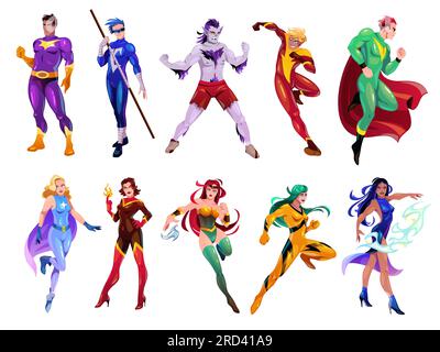 Personnages de super-héros. Ensemble de mascottes de héros de bande dessinée, des hommes et des femmes forts se regroupent dans des costumes de couleur ajustés, différentes poses actives et compétences Illustration de Vecteur