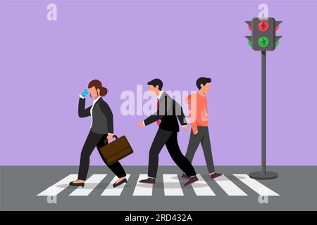 Personnage plat dessin des gens d'affaires ou un travailleur traverse la route sur le passage de zèbre après le retour du travail. Il y a un feu tricolore pour réguler tra Banque D'Images
