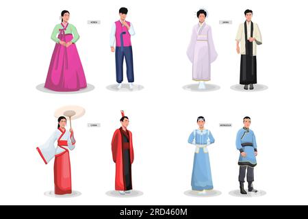 Ensemble de costumes traditionnels asiatiques Illustration de Vecteur