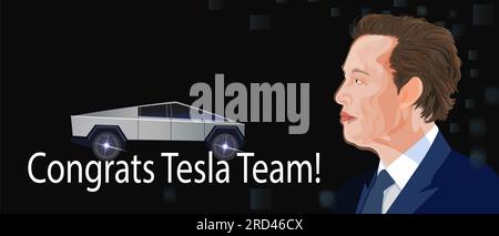 Le 15 juillet 2023, Elon Musk tweete Félicitations à l'équipe Tesla. Félicitations pour le premier Cybertruck construit à l'usine Giga Texas Banque D'Images