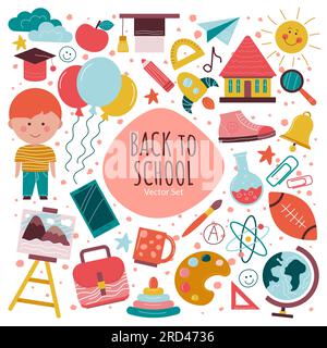 Ensemble de fournitures scolaires dessinées à la main Vector. Illustration de Vecteur