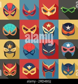 Masques Vector Super Hero ensemble dans le style plat avec ombre longue. Personnage de visage, Collection de masques de livre comique de Superhero. Super héros photo accessoires, femmes et hommes Illustration de Vecteur