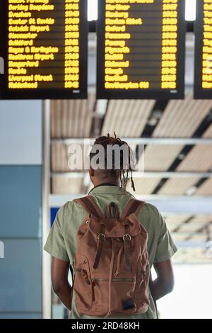 Vue arrière d'un homme portant un sac à dos regardant le tableau de départ du train dans la gare Banque D'Images