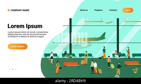 Passagers à l'intérieur du bâtiment de l'aéroport avec de grandes fenêtres panoramiques Illustration de Vecteur