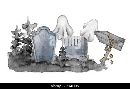 Aquarelle Halloween. Cimetière peint à la main avec pierre tombale, chauves-souris et lune isolé sur blanc. Impression de vacances pour la conception ou l'arrière-plan Banque D'Images