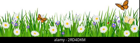 Herbe luxuriante avec des fleurs et des papillons, bannière avec espace de copie Illustration de Vecteur