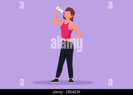 Design plat graphique dessinant jeune femme debout et buvant de l'eau fraîche de bouteille avec sa main droite après le fitness ou l'entraînement. Mode de vie sain Banque D'Images