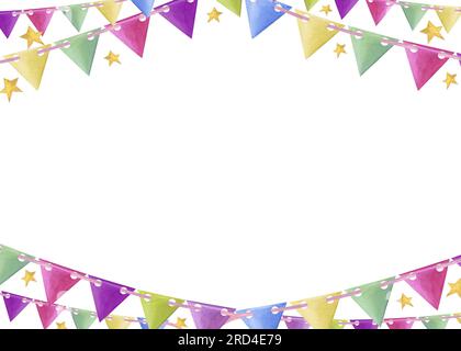 Carte de joyeux anniversaire avec rubans multicolores, confettis en forme d'étoile. Cadre de guirlandes de vacances de drapeaux isolés sur fond blanc. Espace pour le texte. Banque D'Images