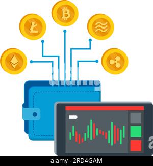 Crypto-monnaie, finance et investissements : application financière, portefeuille virtuel et devises numériques Illustration de Vecteur