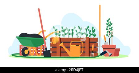 Outils de jardinage. Instruments agricoles. Boîte en bois avec des plants. Culture de plantes. Brouette et godet. Agriculture cultivant. Pelle et Illustration de Vecteur