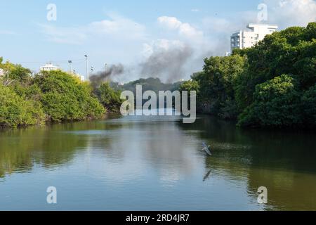 Rivière calme traversant le parc de mangrove à Cartagena de Indias, Colombie avec de la fumée sombre provenant des bâtiments blancs Banque D'Images