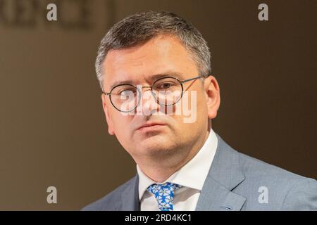 New York, États-Unis. 18 juillet 2023. Rencontre avec la presse avec le ministre ukrainien des Affaires étrangères, Dmytro Kuleba, au siège de l'ONU à New York, le 18 juillet 2023. (Photo de Lev Radin/Sipa USA) crédit : SIPA USA/Alamy Live News Banque D'Images