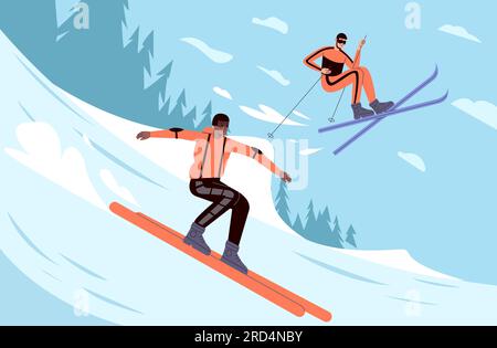 Les gens heureux vont skier. Skieurs de dessins animés dans la neige. Pente de montagne. Athlètes en forêt hivernale. Sport extrême. Vitesse élevée en descente. Loisirs actifs Illustration de Vecteur