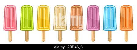 Vector Set de fruit Popsicle, collection de lot de huit illustrations découpées crèmes glacées aux fruits sucrés, bannière avec des popsicles fruités colorés assortis pour Illustration de Vecteur