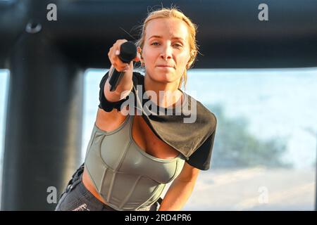 Leuven, Belgique. 18 juillet 2023. Olivia photographiée avant un match de football féminin entre les équipes nationales féminines de moins de 19 ans de Belgique et des pays-Bas lors du Tournoi final de l'UEFA féminin des moins de 19 ans lors de la première journée de match dans le groupe A le mardi 18 juillet 2023 à Leuven, Belgique . Crédit : Sportpix/Alamy Live News Banque D'Images