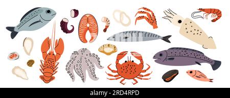 Produits de la mer de dessin animé. Repas océanique. Crevettes ou crabes. Poissons marins. Crustacés frais. Mollusques homard et huîtres. Cuisson des ingrédients de charcuterie Illustration de Vecteur