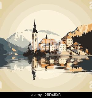 Lake Bled. Illustration dessinée à la main du lac de Bled. Illustration de dessin animé de style doodle vectoriel Illustration de Vecteur