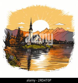 Lake Bled. Illustration dessinée à la main du lac de Bled. Illustration de dessin animé de style doodle vectoriel Illustration de Vecteur