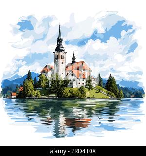 Lake Bled. Illustration dessinée à la main du lac de Bled. Illustration de dessin animé de style doodle vectoriel Illustration de Vecteur