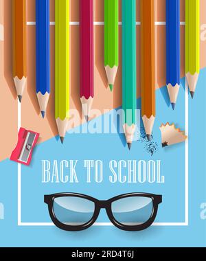 Inscription de retour à l'école dans cadre, lunettes et crayons Illustration de Vecteur
