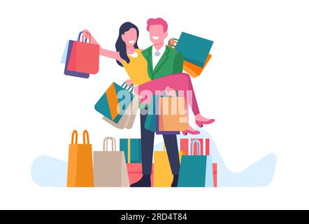 Homme portant la femme dans ses bras. Personnes avec des boîtes d'achats après vente. Heureux shopping. Remise en magasin. Jeune couple en boutique. Des personnes shopaholiques Illustration de Vecteur