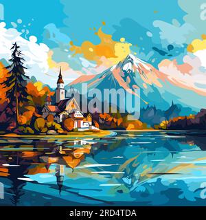 Lake Bled. Illustration dessinée à la main du lac de Bled. Illustration de dessin animé de style doodle vectoriel Illustration de Vecteur