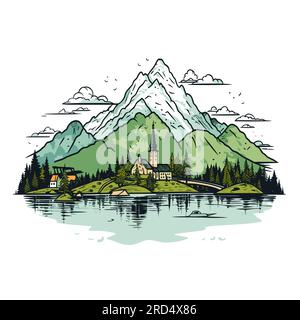 Lake Bled. Illustration dessinée à la main du lac de Bled. Illustration de dessin animé de style doodle vectoriel Illustration de Vecteur