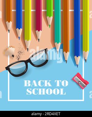 Lettrage de retour à l'école dans le cadre, crayons et lunettes Illustration de Vecteur