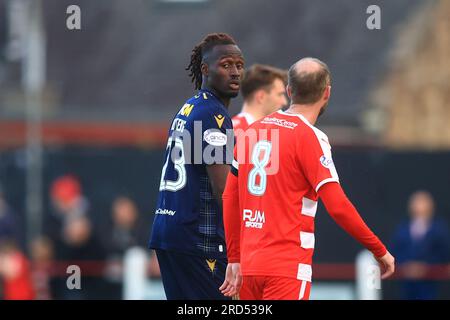 18 juillet 2023 ; New Dundas Park, Bonnyrigg, Midlothian, Écosse : Scottish Viaplay Cup Group E football, Bonnyrigg Rose versus Dundee ; New Dundee signant Malachi Boateng Banque D'Images