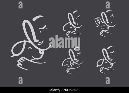 L'homme s'accroche amoureusement à un chat animal, chien, lapin, compositions de perroquet dessinant sur fond noir Illustration de Vecteur