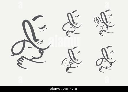 L'homme s'accroche amoureusement à un chat animal, chien, lapin, compositions de perroquet dessinant sur fond gris Illustration de Vecteur