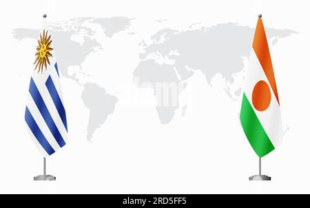 Drapeaux de l'Uruguay et du Niger pour la réunion officielle sur fond de carte du monde. Illustration de Vecteur