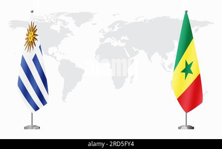 Drapeaux de l'Uruguay et du Sénégal pour la réunion officielle sur fond de carte du monde. Illustration de Vecteur