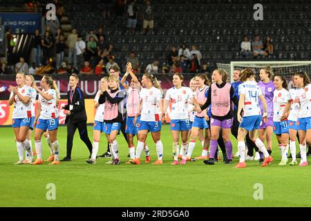 Leuven, Belgique. 18 juillet 2023. Les pays-Bas en photo célébrant après un match de football féminin entre les équipes nationales féminines de moins de 19 ans de Belgique et des pays-Bas lors du Tournoi final de L'UEFA féminin des moins de 19 ans lors de la première journée de match dans le groupe A le mardi 18 juillet 2023 à Leuven, Belgique . Crédit : Sportpix/Alamy Live News Banque D'Images