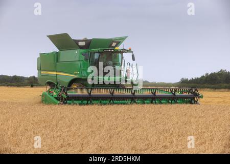 Barholm, Lincolnshire, Royaume-Uni. 18 juillet 2023 esquiver les tempêtes de pluie Henry Hirst Farms récolte l'orge d'hiver LG Mountain à 17% d'humidité près de Barholm, Lincolnshire, de fortes pluies ont continué à entraver la récolte dans les East Midlands Credit : Tim Scrivener/Alamy Live News Banque D'Images