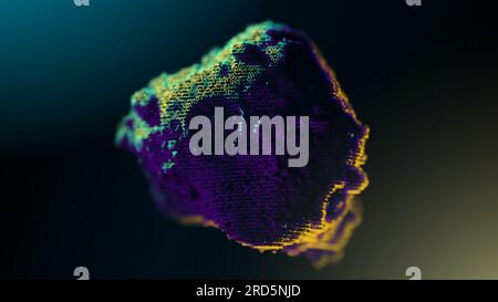 Pierre violette réaliste avec des cratères, semblable à une météorite, composée de points de balayage. Eclairage avec deux sources de rétro-éclairage. Arrière-plan sombre. Illustration de Vecteur