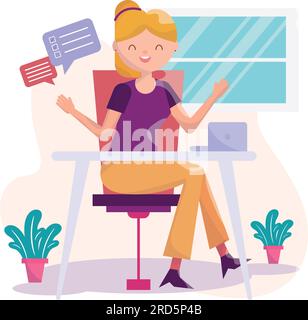Concept d'environnement d'affaires avec personnage mignon de fille sur son vecteur de bureau Illustration de Vecteur