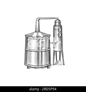 Alcool distillé. Dispositif de préparation de la tequila, du cognac et des spiritueux. Dessin vintage gravé à la main. Style de coupe de bois. Illustration vectorielle du menu Illustration de Vecteur