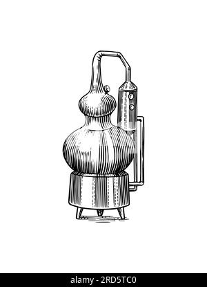 Alcool distillé. Dispositif de préparation de la tequila, du cognac et des spiritueux. Dessin vintage gravé à la main. Style de coupe de bois. Illustration vectorielle du menu Illustration de Vecteur