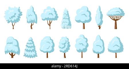Ensemble d'icônes d'arbre d'hiver. Vue latérale des plantes blanches enneigées. Arboretum saule chêne peuplier bouleau. Dessin animé différents arbres forêt gelée. Jardin botanique naturel érable tremble aulne frêne tilleul acacia châtaignier orme Illustration de Vecteur
