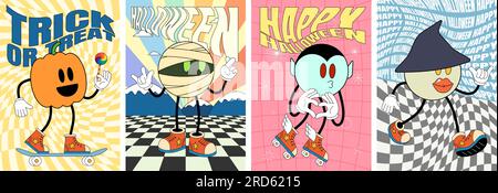Ensemble d'affiches d'art de fête joyeuse Halloween rétro. Personnages de vacances de citrouille, momie, vampire et sorcière sur une pancarte hippie folle. Résumé hippie dépliant d'événement festif octobre 31. Motif pop y2k tendance Illustration de Vecteur