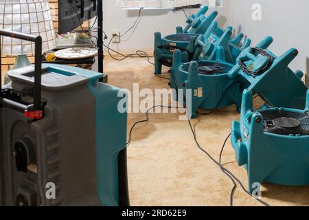 Ventilateurs industriels portables et déshumidificateur pour le mouvement de l'air et l'élimination de l'humidité après une fuite d'eau majeure dans une résidence. ÉTATS-UNIS. Banque D'Images