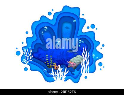 Dessin animé tropical de papier de mer coupé paysage sous-marin avec des poissons et raie manta, coupe de papier vecteur. Paysage océanique ou sous-marin avec algues, récif de corail marin ou monde sous-marin avec des couches de papier découpé Illustration de Vecteur