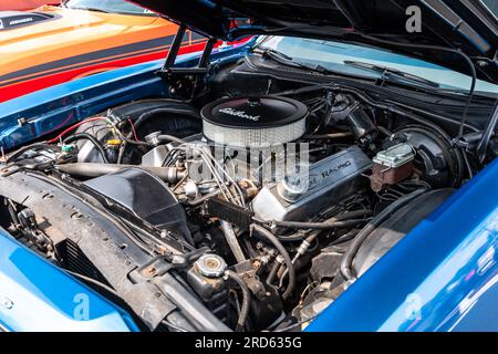 Un moteur Ford Gran Torino exposé lors d'un salon automobile à Homestead, Pennsylvanie, USA Banque D'Images