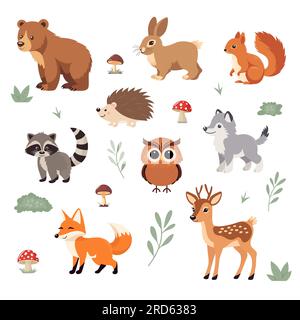 Ensemble d'animaux sauvages mignons à vecteur plat - ours grizzli, lièvre ou lapin, écureuil, raton laveur, hérisson, Wolf, Owl, Fox, Deer. Forêt Cartoon Aanimals. Woodland Illustration de Vecteur